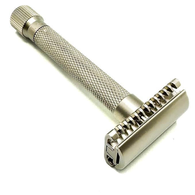 The Parker VARIANT OPEN COMB - ADJUSTABLE Double Edge Safety Razor Customize your Shave with a Turn of the Dial from Mild to Aggressive - 5 Blades Included (SATIN CHROME)