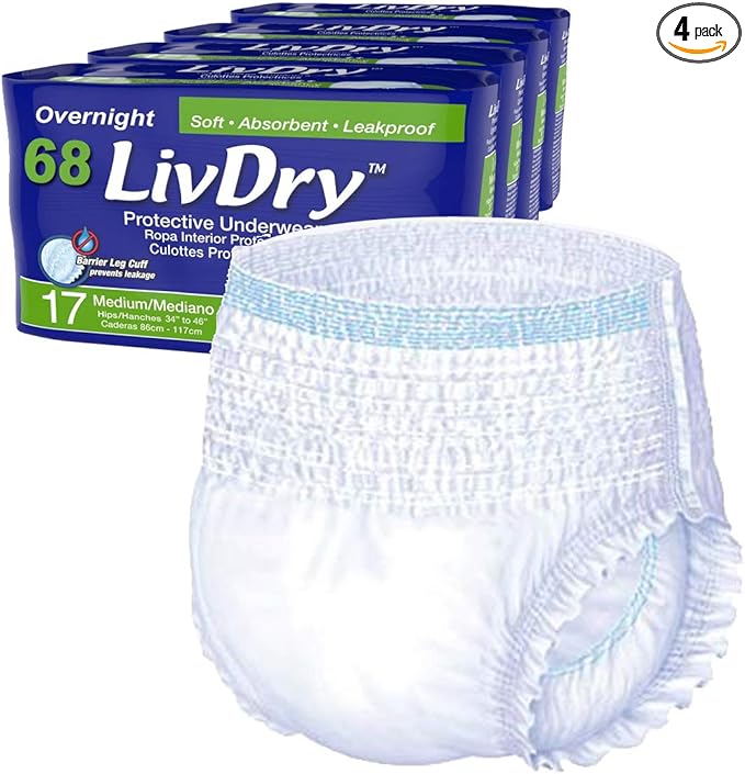 LivDry M Overnight Adult Diapers for Women and Men Incontinence Underwear Medium 68-Pack