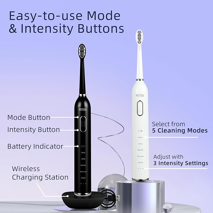 CWX Sonic Electric Toothbrush Wireless Fast Charging 5 Cleaning Modes 3 Intensity Settings 60 Days Battery Life 2 Min Smart Timer 4 Brush Heads &amp Travel Case IPX7 Waterproof