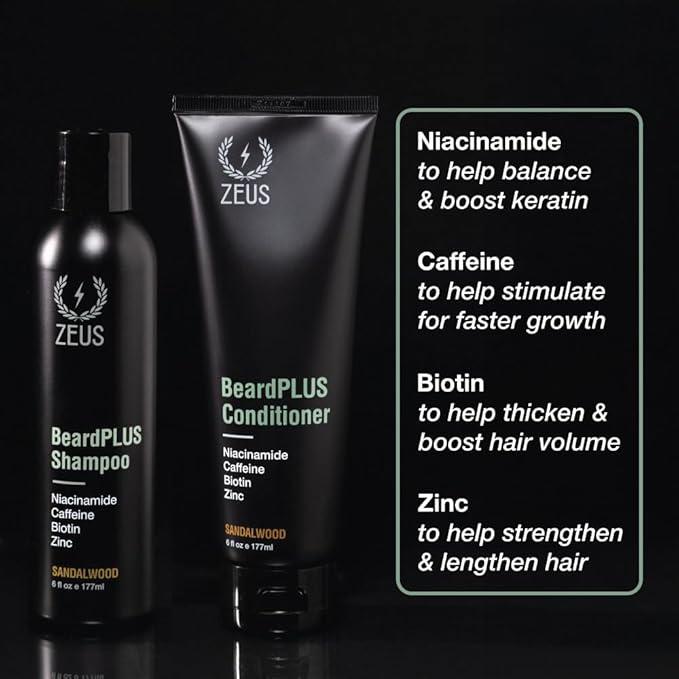 ZEUS BeardPLUS Beard Shampoo &amp Conditioner Set for Men Hair Growth Treatment for Hydration Softness &amp Thickness with Biotin &amp Caffeine (Made in USA) Combo Set
