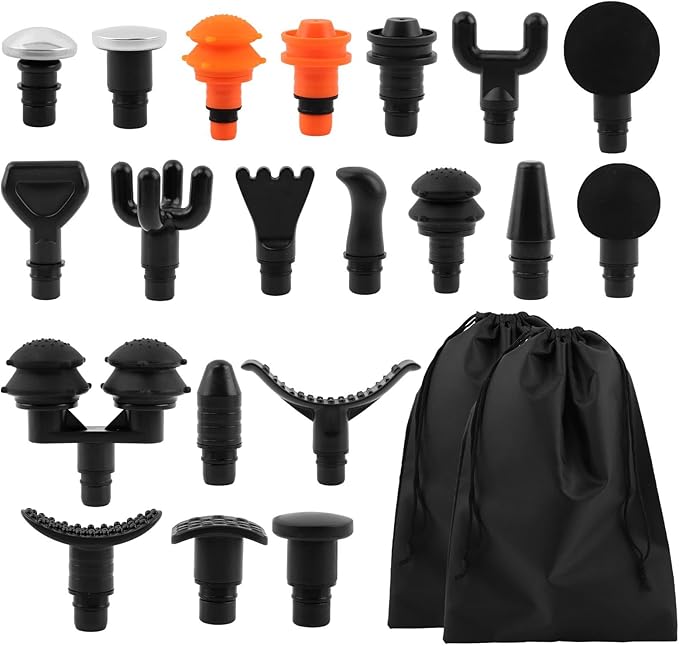 Massage Gu-n Attachments 20pcs Relaxation Massager Heads with 2pcs Drawstring Bag Different Massager Heads to Meet Different Needs for Deep Tissue Percussion Plug and Play(Black)