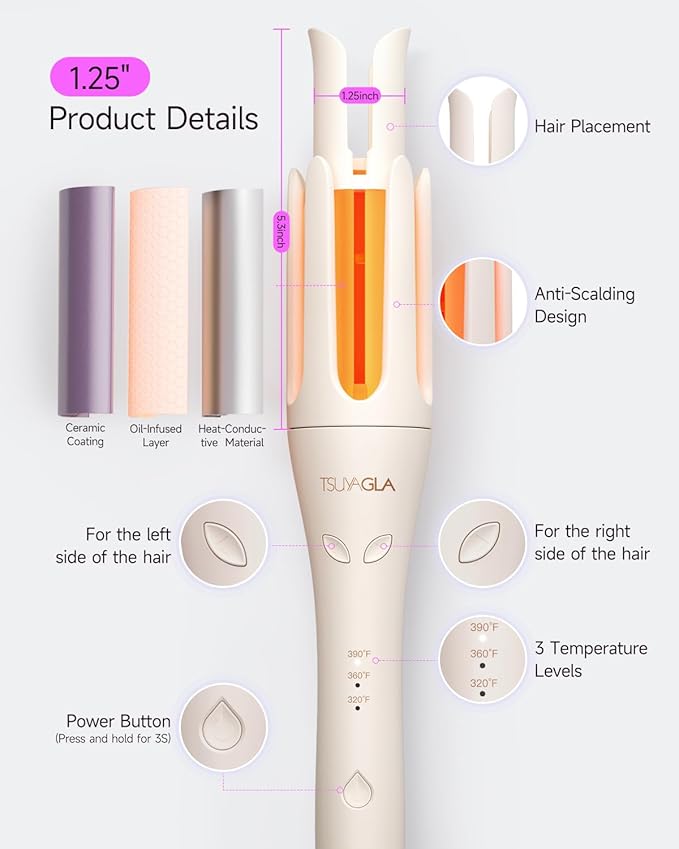 Automatic Hair Curler 1 1/4 Inch Rotating Curling Iron with 3 Temp 500 Million Ionic 2-Way Rotation10S Fast Heating Anti-Scald Anti-Tangle Rotating Curling Wand for Long Hair