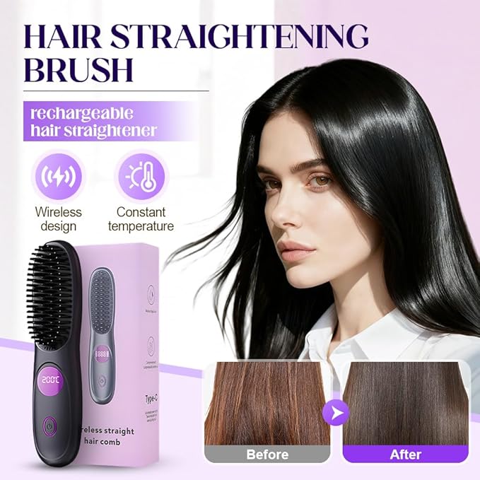 Go Brush 2026 New Cordless Portable Straightener Brush for Travel USB Rechargeable Hair Straightener Brushs with LED Display for Women (Pink)