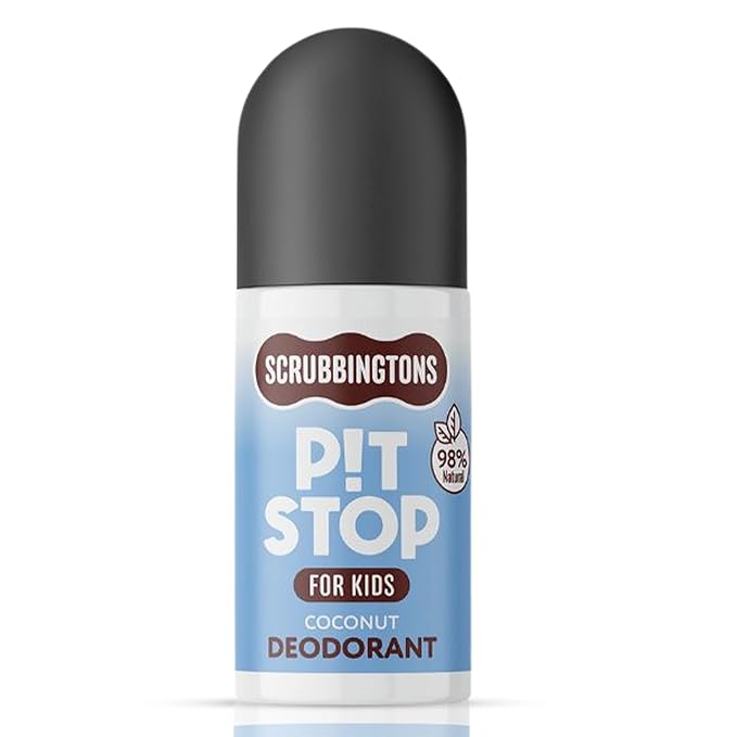 Scrubbingtons Pit Stop Kid’s Deodorant Children’s Roll-On Deodorant with Gentle Formulation Aluminium and Alcohol Free Coconut Scent – 75ml Quad Pack