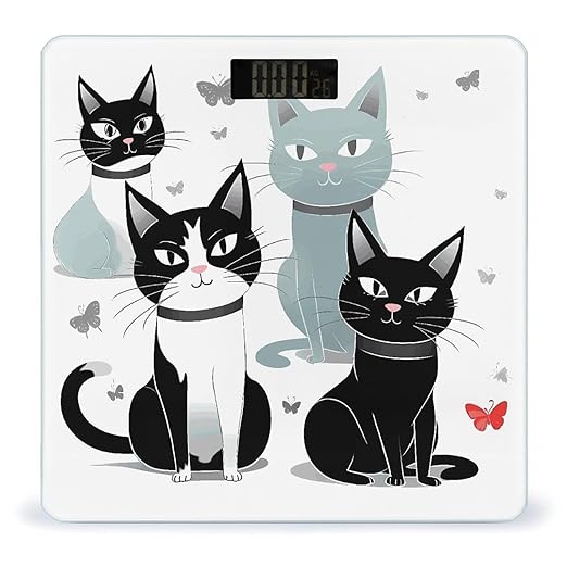 Black and White Cats Weight Scale Digital Electronic Scales Bathroom Scale Larg LCD Backlight Display High Precisio MeasurementsTempered Glass