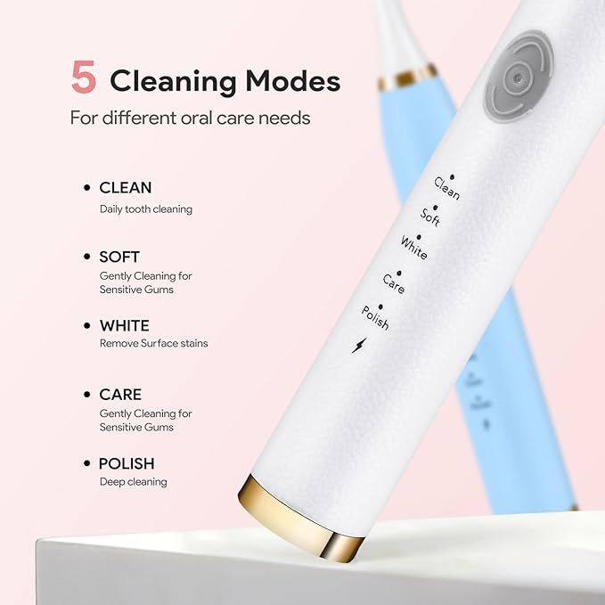Dnil 2-Pack Adult Electric toothbrushes for Oral Care Rechargeable Sonic Toothbrush Set 35000 VPM 10 Replaceable Brush Heads 5 Modes (White &amp Blue)