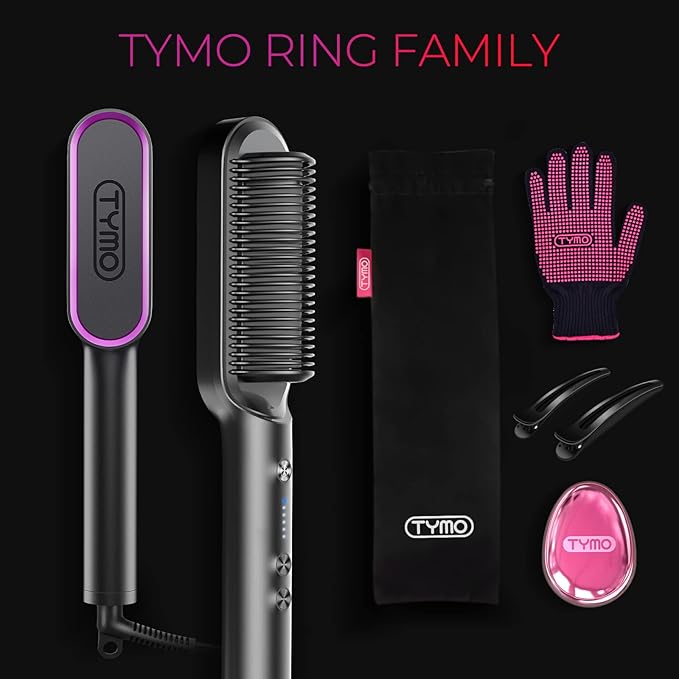 Hair Straightener Brush TYMO Ring Hair Straightener Comb Straightening Brush for Women with 5 Temps 20s Fast Heating &amp Dual Voltage Black