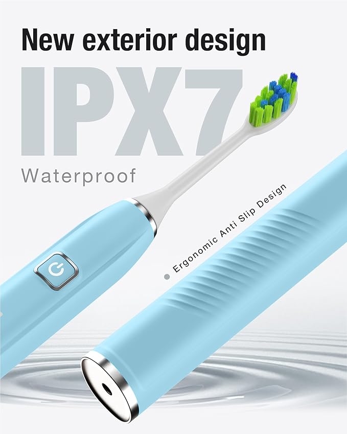 7AM2M Sonic Electric Toothbrush with 6 Brush Heads for Adults&ampKids One Charge for 120 Days Wireless Fast Charge 5 Modes 40000VPM Powered Toothbrush 2 Minutes Built in Smart Timer (Light Blue)