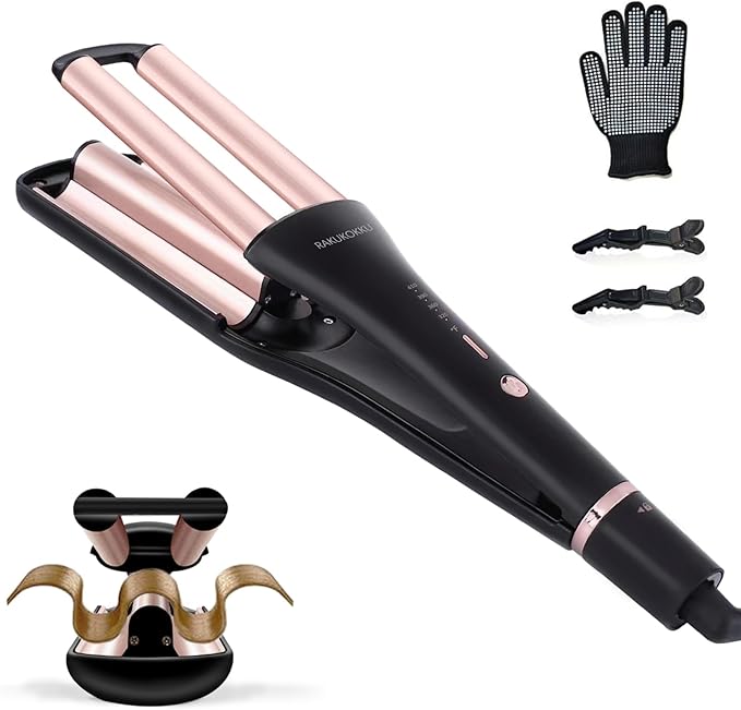 4 in 1 Crimper Hair Tool - Hair Waver with Adjustable Depths for 4 Wavy Styles Beach Waves Curling Iron with 3 Ceramic Barrels 4 Temperatures Dual Voltage for Women (Gold)