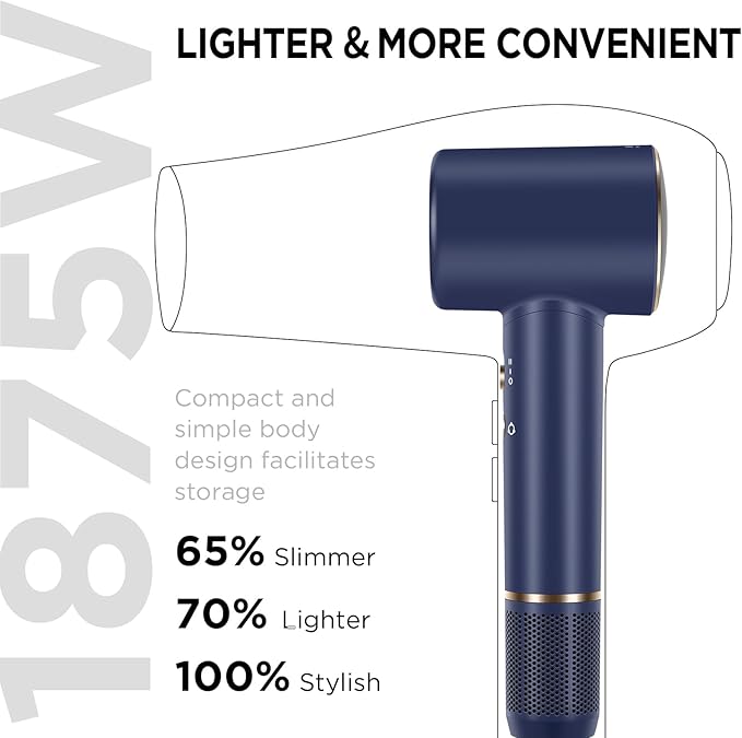 Hair Dryer 110 000 RPM Air-Sonic Blow Dryer with High-Speed Brushless Motor Cool Care Dry Display &amp 200 Million Negative Ionic PARWIN PRO BEAUTY 1875W Hairdryer for Home TravelPrussian Blue