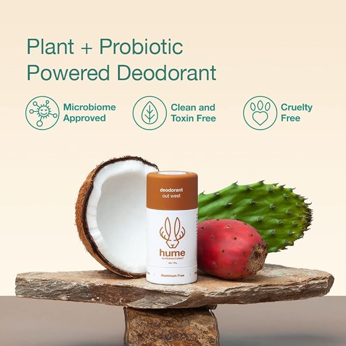 Hume Supernatural Aluminum Free Deodorant for Women &amp Men - Probiotic and Plant-Based Long-Lasting Moisture Absorbing - Clean and Effective (Out West - 3 pack)