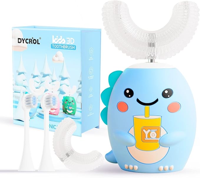 Kids U Shaped Electric Toothbrush with 4 Brush Heads Sonic Toothbrush Kids with 5 Modes Cartoon Dinosaur 360-Degree Cleaning IPX7 Waterproof Design (6-12 Age (Blue))