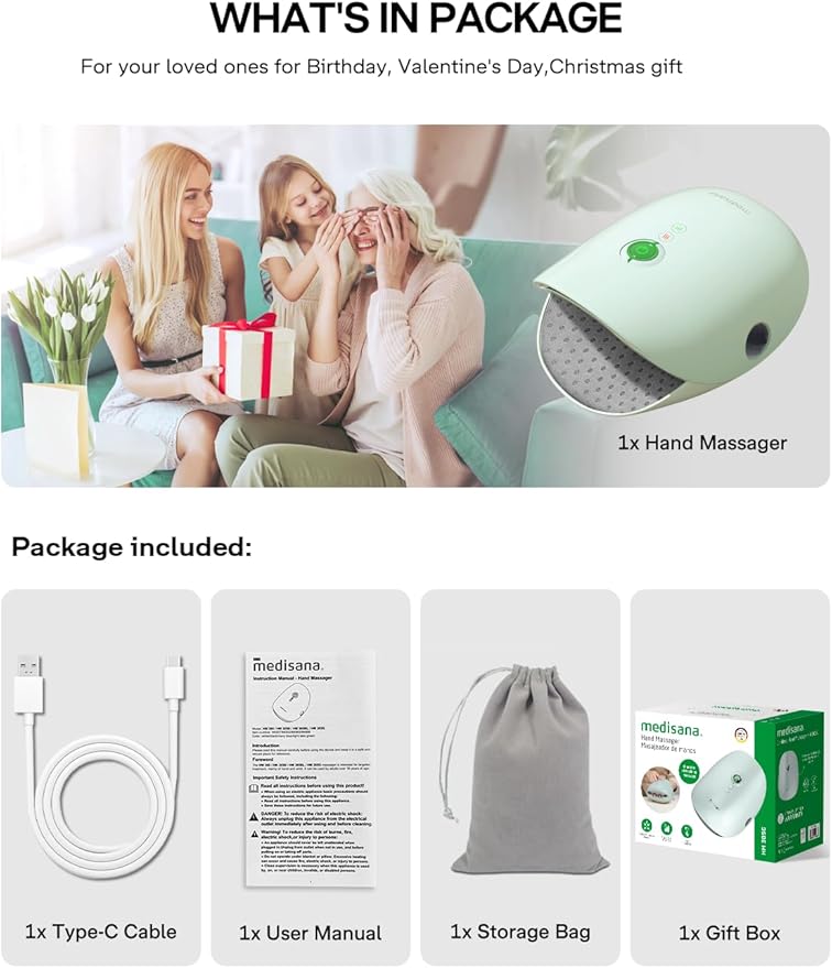 Medisana Hand Massager with Heat and Compression Cordless Hand Massager for Arthritis and Carpal Tunnel Relief Knuckle Stretching Massage Birthday Christmas Gifts for Men Women Dad Mom-Green