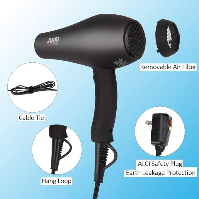 JINRI Infrared Hair Dryer Professional Salon Hairdryer Negative Ionic Blow Dryers for Fast Drying Pro Ion Quiet Hairdryer with Diffuser &amp Concentrator &amp Comb Black