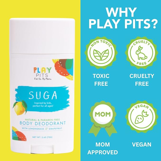 PLAY PITS - Kids Deodorant for Girls &amp Boys - Natural - Aluminum-Salt Free - Safe for Sensitive Skin - Variety Pack - SUGA SONSHINE &amp HAPPY – Clean Non-Toxic &amp Paraben Free - 2.65oz -