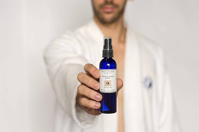 Travertine Spa Steam Shower Spray | Eucalyptus &amp Citrus | Shower Aromatherapy | Sinus and Congestion Relief | Steam Room Spray | 100% Natural Eucalyptus Oil | 4 oz.