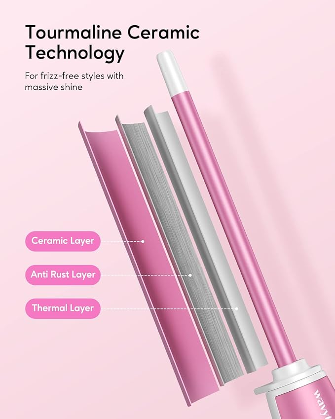 Wavytalk 3/8 Inch Small Curling Wand Wand Curling Iron for Short &amp Long Hair Ceramic Barrel with Adjustable Temperature Heat Resistant Glove Included (Rose Pink)