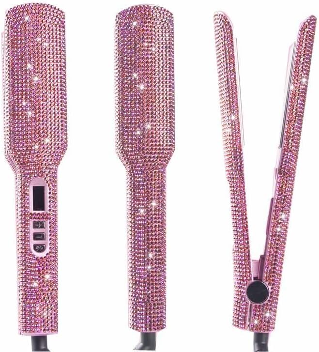 DORISILK Crystal Diamond Professional Hair Straightener 2 Inch Titanium Flat Iron Bling Rhinestone Straightening Iron Curling 2 in 1 Salon High Heat 480 °F Instant Heat Up Dual Voltage Rose Pink