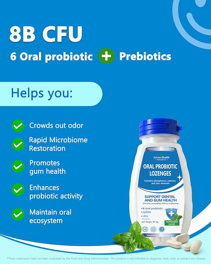 Oral Probiotics Lozenges for Mouth Bad Breath &amp Gum Repair - Mineral Fusion with Zinc + Calcium for Dry Mouth Relief Enamel Shield Mint Flavor with Xylitol - 180 Lozenges Sugar-Free