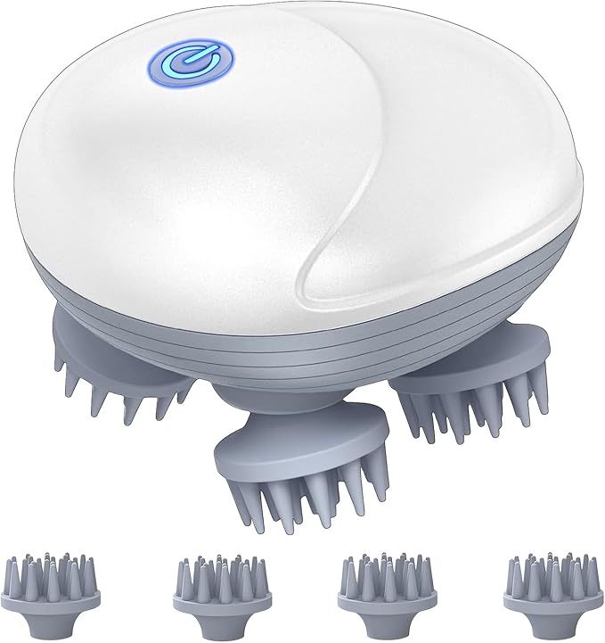 Upgraded Electric Scalp Massager for Men Women Handheld Cat Dog Pet Head Massager with 4 Massage Heads 3 Speeds Waterproof Massager for Soothing Muscles Joints Hair Growth Stress Relax