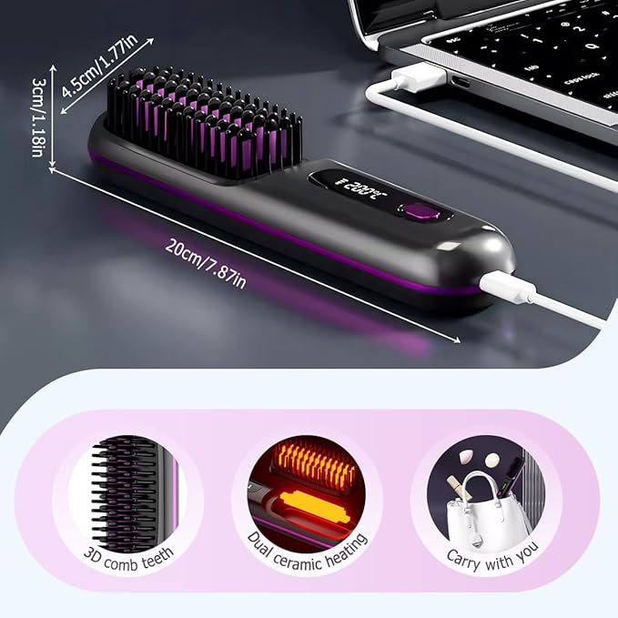 Go Brush for Short Hair 2026 Upgraded Cordless Hair Straightener Brush with LCD Temperature Display Fast Heating 3 Temperature Settings Portable Straightening Brush for Travel (Purple)