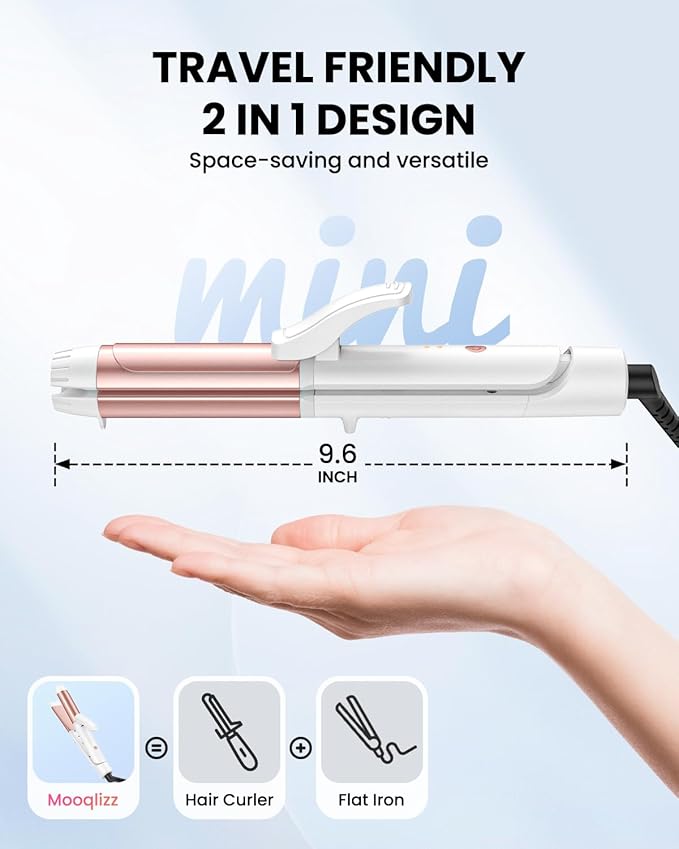 Dual Voltage Curling Iron Mini Travel Size Curling Iron for European 1 1/4 Inch Ceramic Plates Hair Straightener with Adjustable Temperature European Plug Included