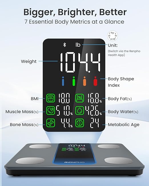 RENPHO Smart Scale for Body Weight Weight Scale with 7-in-1 Large Display for BMI Body Fat Muscle Mass 13 Body Composition High Accurate Bluetooth Scale 500lbs 11.8 Elis 2XL