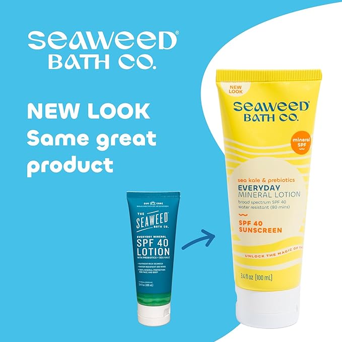 Seaweed Bath Co. Everyday Mineral SPF 40 Broad Spectrum Sunscreen Lotion 3.4 Ounce Sustainably Harvested Seaweed Sea Kale Prebiotics