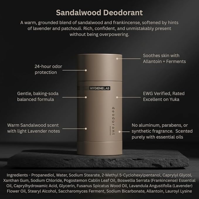 HygieneLab Men’s Deodorant – Aluminum-Free 24-Hour+ Odor Protection EWG Verified Smooth Glide Application Powered by Essential Oils Premium Sandalwood Scent