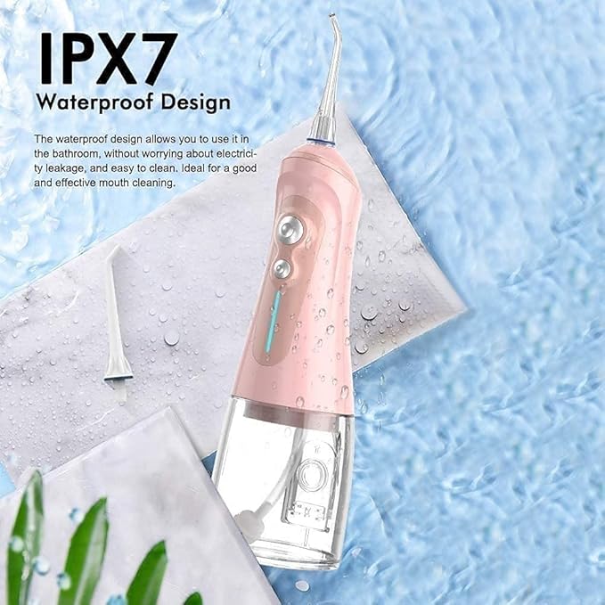 Portable Cordless Dental Oral Irrigator Water Flosser USB Rechargeable and Portable Oral Irrigator IPX7 Waterproof Water Dental Flossing 320ML Water Tank (Color : Pink)