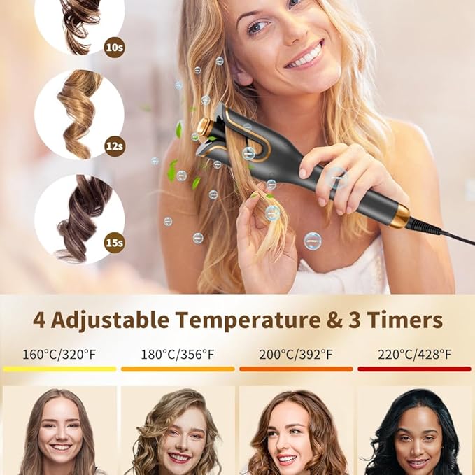 Aignis Hair Curling Iron Automatic Curler: 1 Large Rotating Barrel with 4 Temps &amp 3 Timer Settings Automatic Hair Curling Wand for Long Hair Dual Voltage Auto Shut-Off