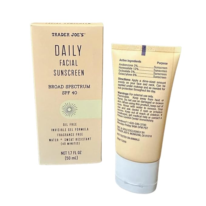 Trader Joe’s Daily Facial Sunscreen Broad Spectrum SPF 40 Oil Free Invisible Gel Formula Fragance Free Water + Sweat Resistance 150 mL Total (50 mL each) (3-PACK)