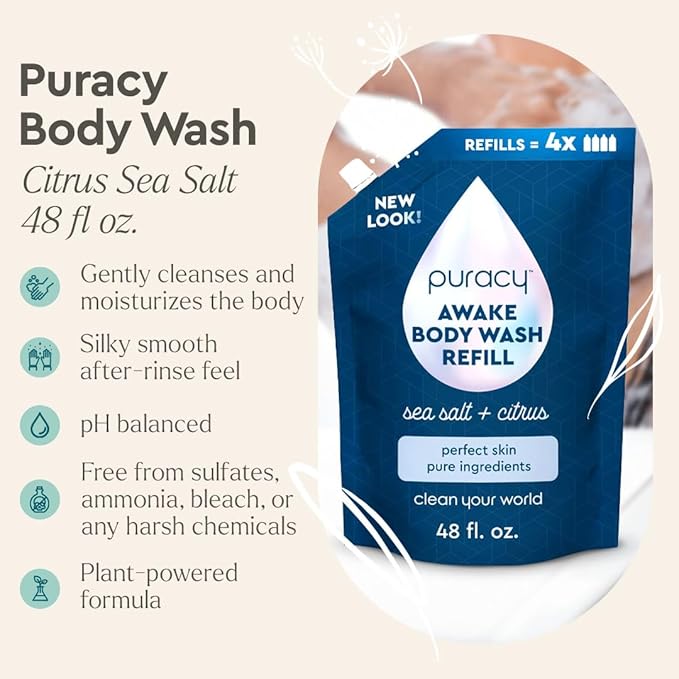 Puracy Body Wash Natural Body Wash 98.6% Pure Plant Ingredients Moisturizing Shower Gel for Women Men Kids Body Soap for Dry Sensitive Skin. Citrus &amp Sea Salt 48 Oz Pack of 2 and12 Oz