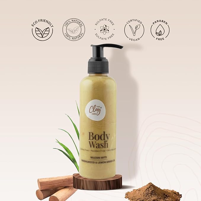 The Clay Care Natural Multani Mitti Body Wash with Sandalwood and Lemon Grass Oil Paraben Free Sulfate Free Vegan 200ml