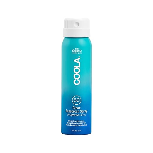 COOLA Organic Sunscreen Bundle - SPF 30 Piña Colada Travel Size &amp SPF 50 Fragrance Free Sunblock Spray Dermatologist Tested Vegan Skin Care 2 Fl Oz Each