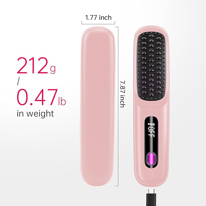Cordless Hair Straightener Brush for Travel 200 Million Negative Ionic Portable Hair Straightener Comb for Women with LED Display &amp 3 Temps 30s Fast Heating USB Charging Smooth Frizz(Pink
