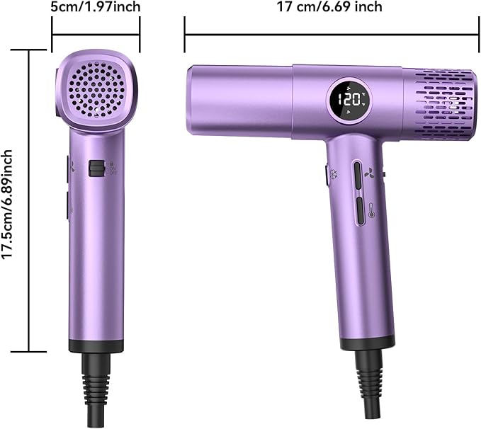 Ionic Blow Dryer with Diffuser | 1400W Fast-Drying Hair Dryer with LED Display &amp Adjustable Heat Control | Quiet Lightweight Design for Travel and Home Salon (Purple)