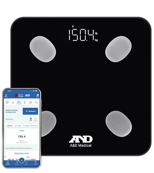 A&ampD Medical Smart Scale for Body Weight - UC-450BLE - Bluetooth Body Fat Scale with BMI Body Composition Digital Bathroom Scale Tracks 7 Biometrics Syncs with A&ampD App - 397lb