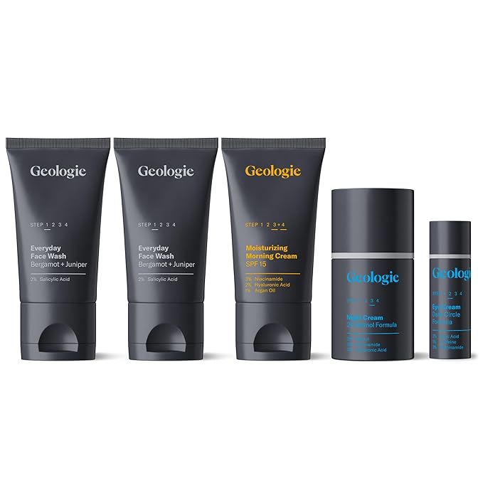 Geologie Complete Skincare Set for Men &amp Women | 3-Month Simple &amp Effective Daily Clear Skin Routine | Acne Oily Skin Dark Spots | Face Wash 2-Pack Retinol Face Cream SPF15 Moisturizer &am