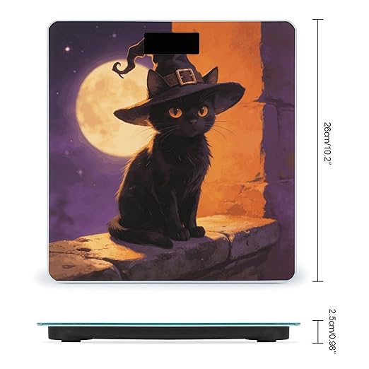 Black Cat with Witch Hat for Halloween Weight ScaleClear LED Display Bathroom Digital Weighing ScaleTempered Glass Digital Bathroom Scale for Body Weight Capacity Up to 400 Lbs
