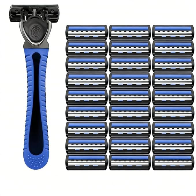 Razors for MenShaving Razors With 3 BladesDark Blue Handle + 30 Blade Refills Great Razors for a Smooth and Comfortable Shave Holiday Gifts for Men