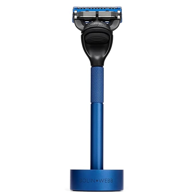 Bolin Webb Generation Razor &amp Stand - Luxury Razors for Men with Gillette Fusion 5 Blades Premium Aluminum Shaving Razor for Smooth Irritation-Free Shave Ideal Gift &amp Daily Grooming Set (Bl