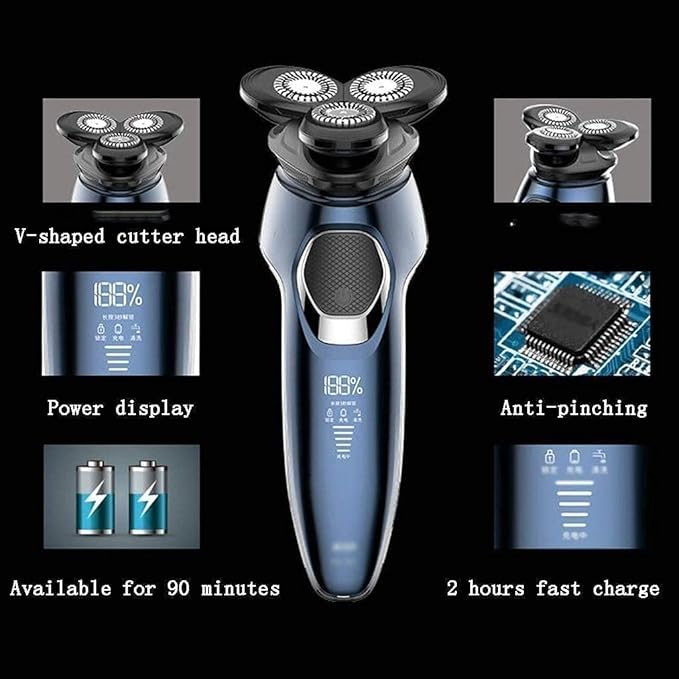 Electric Shavers for Men Mens Electric Razor Dry Wet Waterproof Man Rotary Facial Shaver USB Rechargeable Led Display Blue