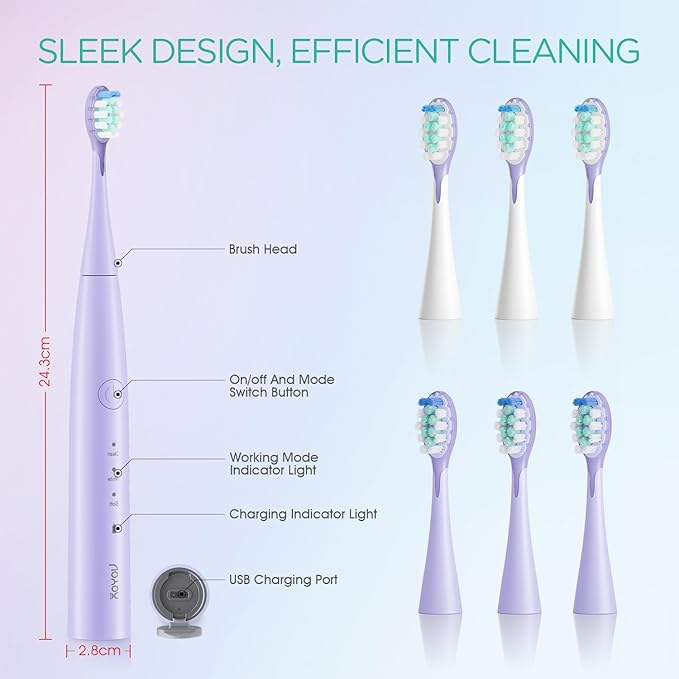 VOYOR-HEALTH Sonic Electric Toothbrush for AdultsTooth Brushes with 6 Brush Heads70-Day Battery LifeIPX7 Waterproof Rechargeable Travel Toothbrushes with 3 Modes for Family Use ET110(Purple)