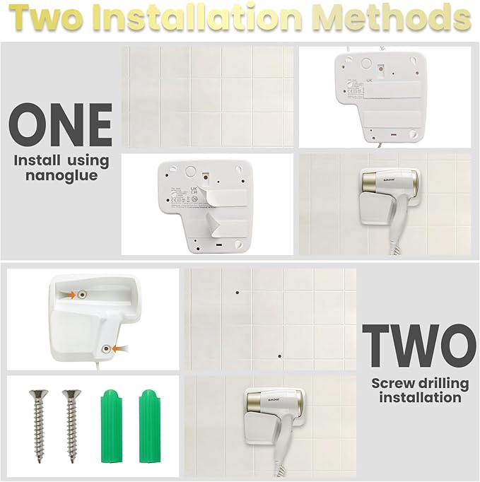 Wall Mounted Hair Dryer for Bathroom - 110V Professional Blow Dryer with Fast Drying Salon Motor Heavy Duty Wall Mount Hairdryer with Stand Rack Includes Screws+Adhesive