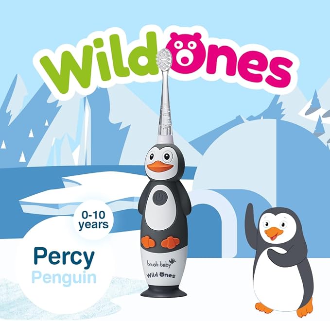 BrushBaby - WildOnes - Kids Rechargeable Electric Toothbrush Ages 0-10 - Penguin Design with Flashing Lights - DeepClean Bristles for Superior Cleaning - 2 Replacement Brush Heads 1 USB Cable