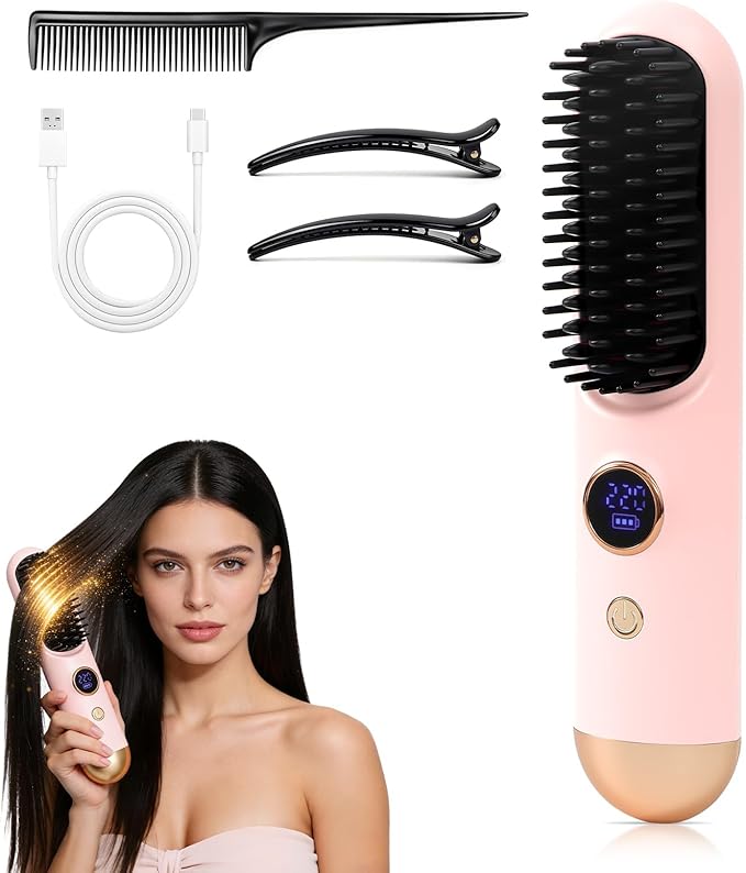 2026 Hair Straightener Brush Cordless Hair Straightener Brush for Short Hair Mini Portable Travel Straightening Hair Comb Brush with 9 Temps Fast Heating for Women All Hair Types (Pink)