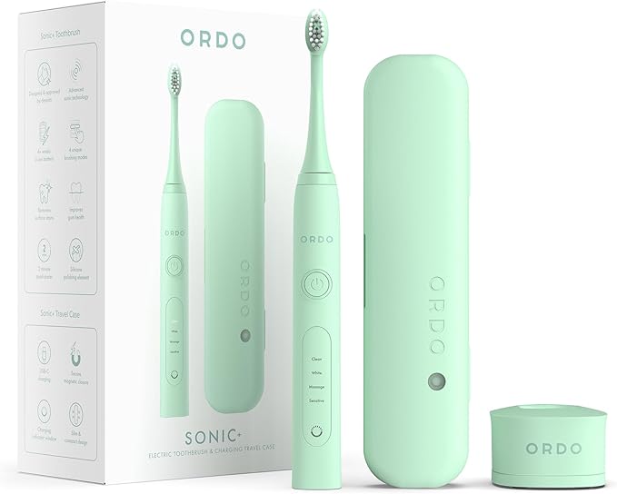 ORDO Sonic+ Electric Toothbrush with Case Sonic Toothbrushes for Adults Charging Travel Case 4 Brushing Modes Fast Rechargeable Battery Silicone Polishing USB Charger Mint Green