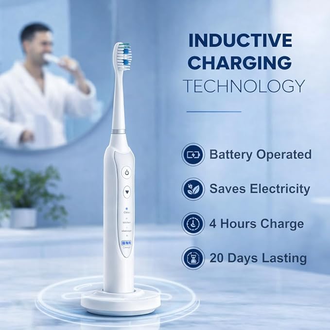 Sonic Electric Toothbrush with 5 Toothbrush Replacement Heads travel case 3 Brushing Modes &amp 2 Minutes Built-in Timer Travel Toothbrushes with Inductive Charging Rechargeable toothbrush | Whit
