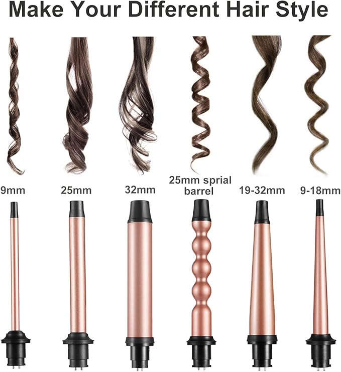 6 in 1 Curling Iron Professional Curling Wand Set Fast Heating Hair Curler with 6 Interchangeable Ceramic Barrels (0.35'' to 1.25'') for Women Quick Create Hairstyle in All Hair Type